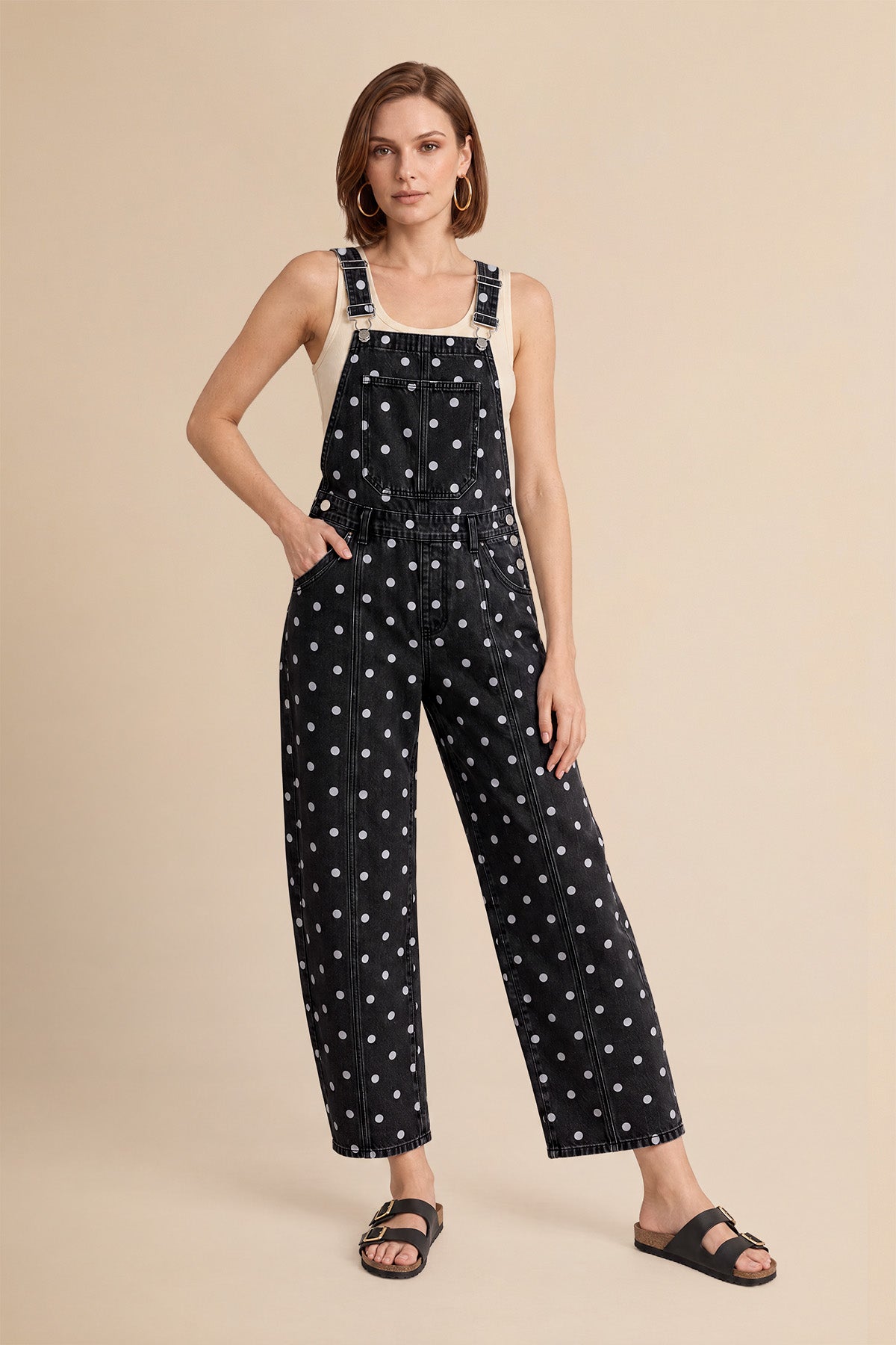 Womens Black Polka Dot Bib Denim Overalls| CicyBell