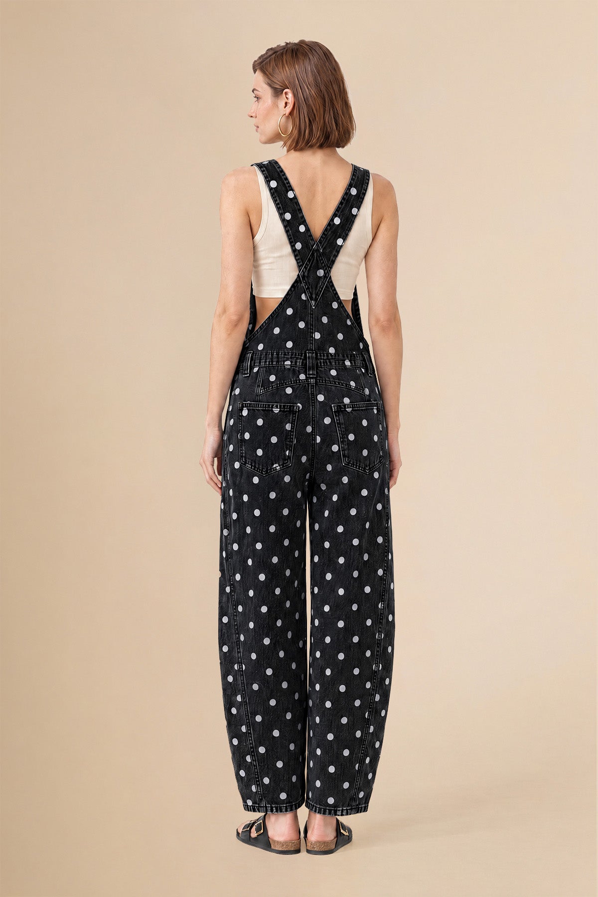 Womens Black Polka Dot Bib Denim Overalls| CicyBell