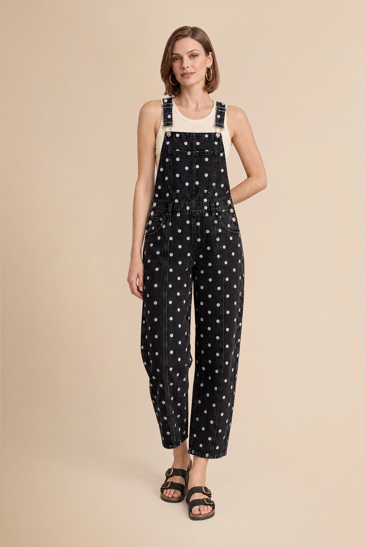 Womens Black Polka Dot Bib Denim Overalls| CicyBell