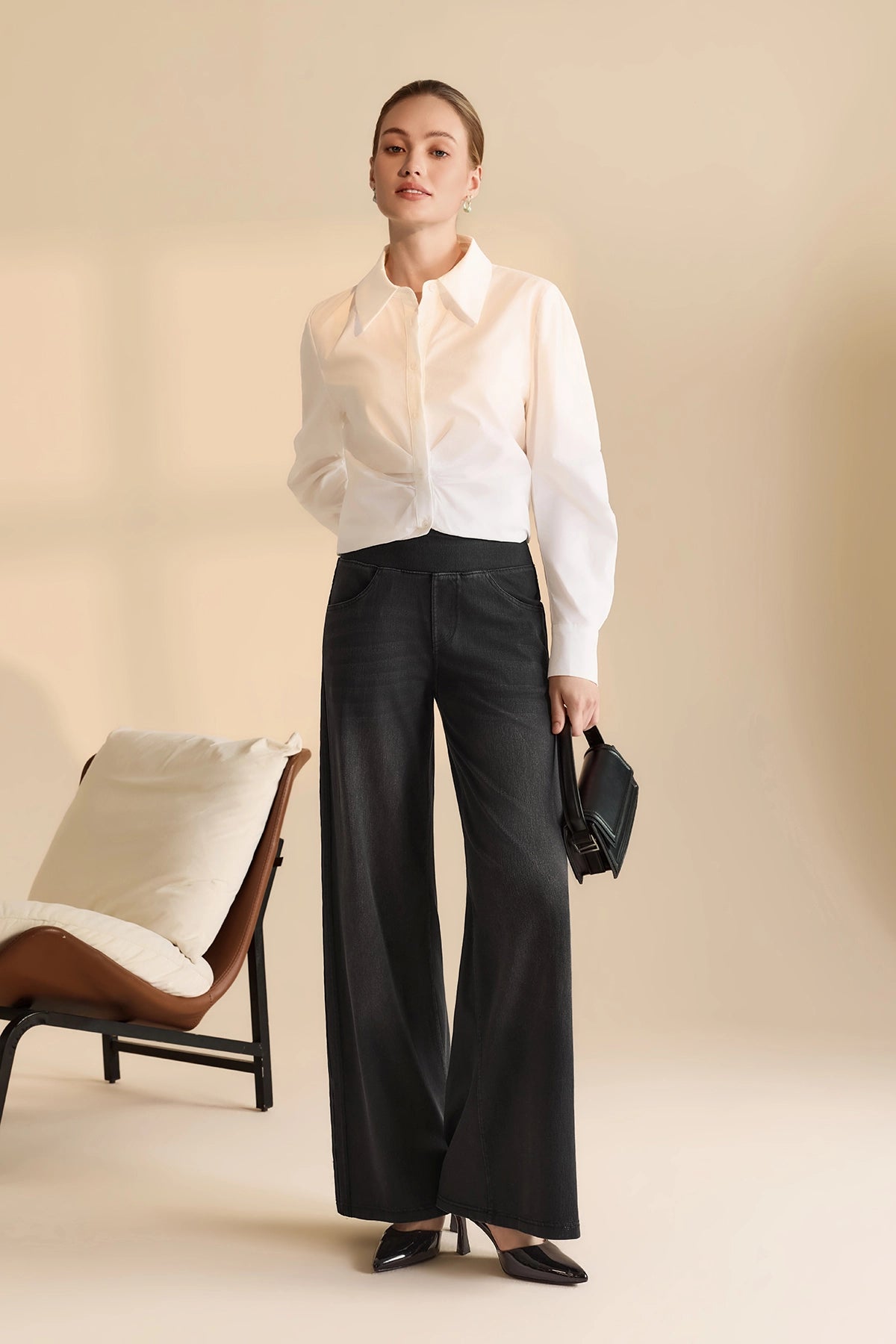 Womens Black Stretch Wide Leg Pull-On Jeans | CicyBell