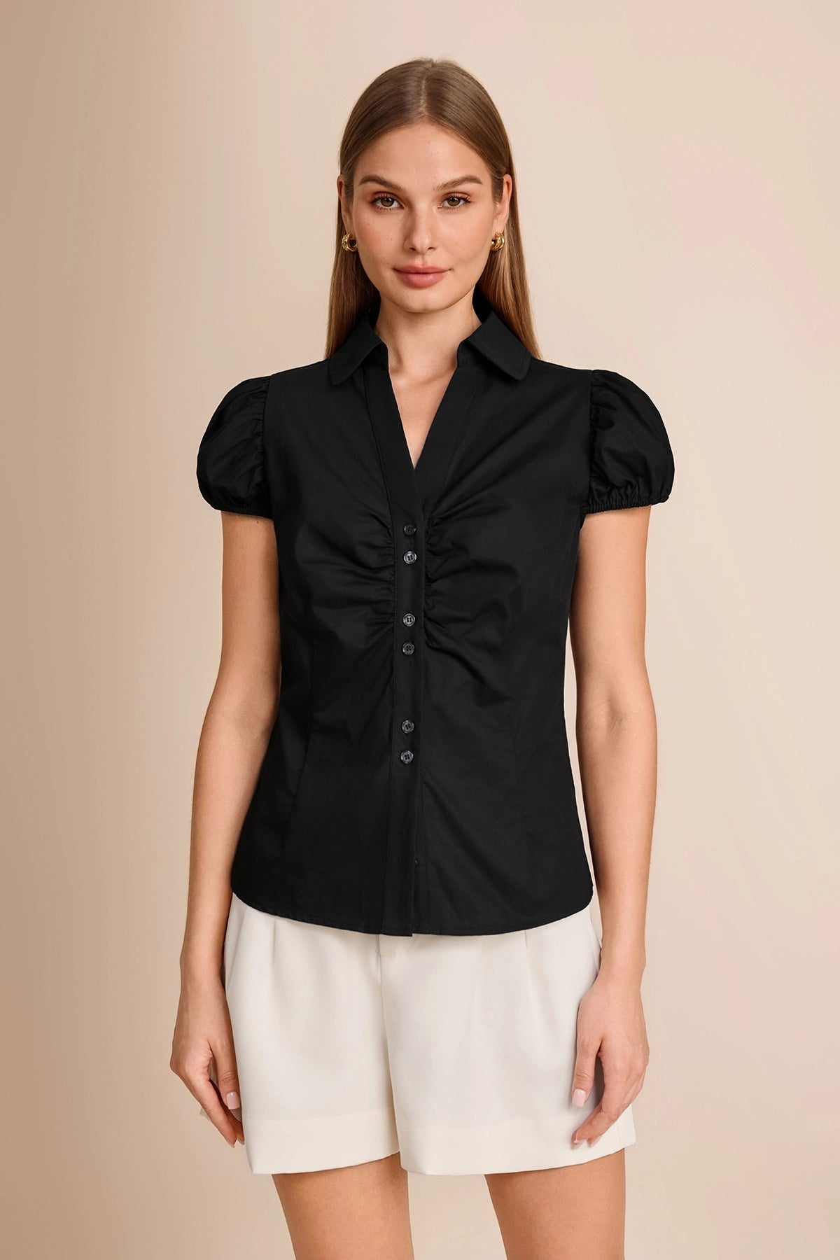 Womens Black Puff Sleeve Button Down Shirts | CicyBell