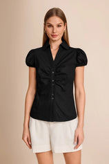 Womens Black Puff Sleeve Button Down Shirts | CicyBell