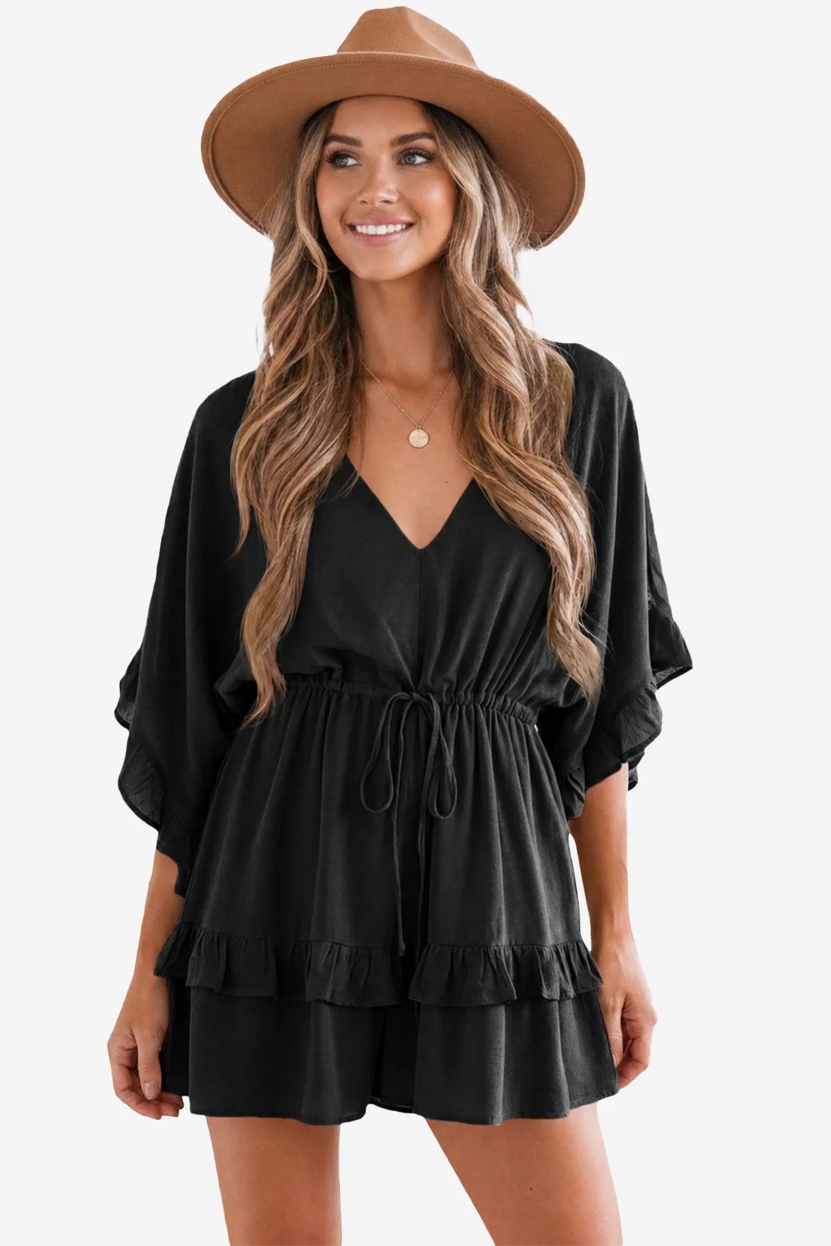 Womens Black V-Neck Ruffle Rompers| CicyBell
