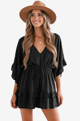 Womens Black V-Neck Ruffle Rompers| CicyBell