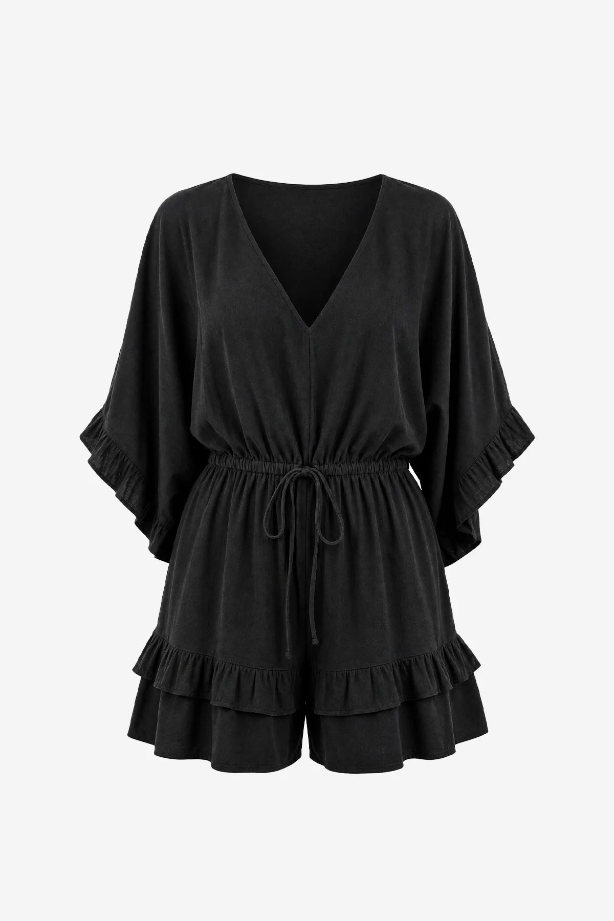 Womens Black V-Neck Ruffle Rompers| CicyBell