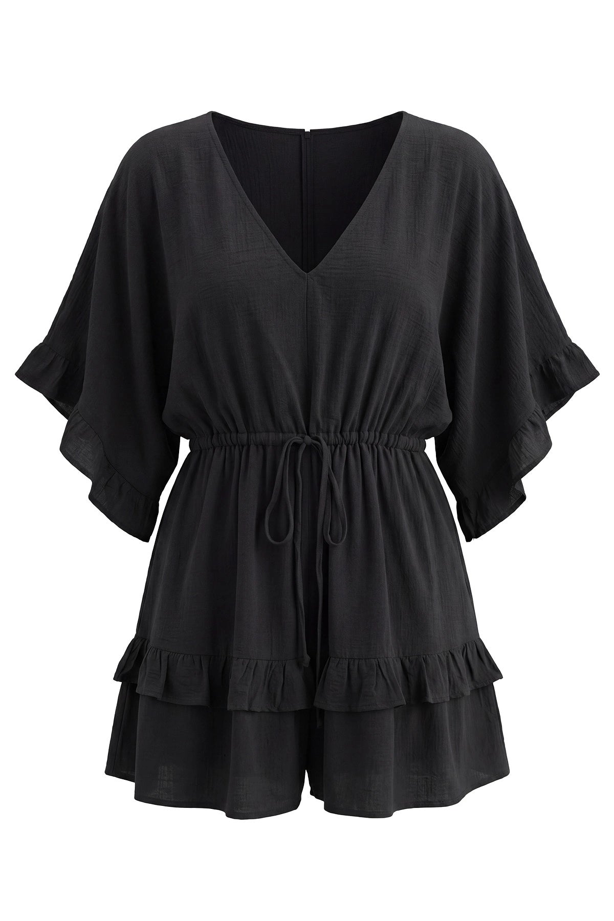 Womens Black V-Neck Ruffle Rompers| CicyBell