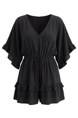 Womens Black V-Neck Ruffle Rompers| CicyBell