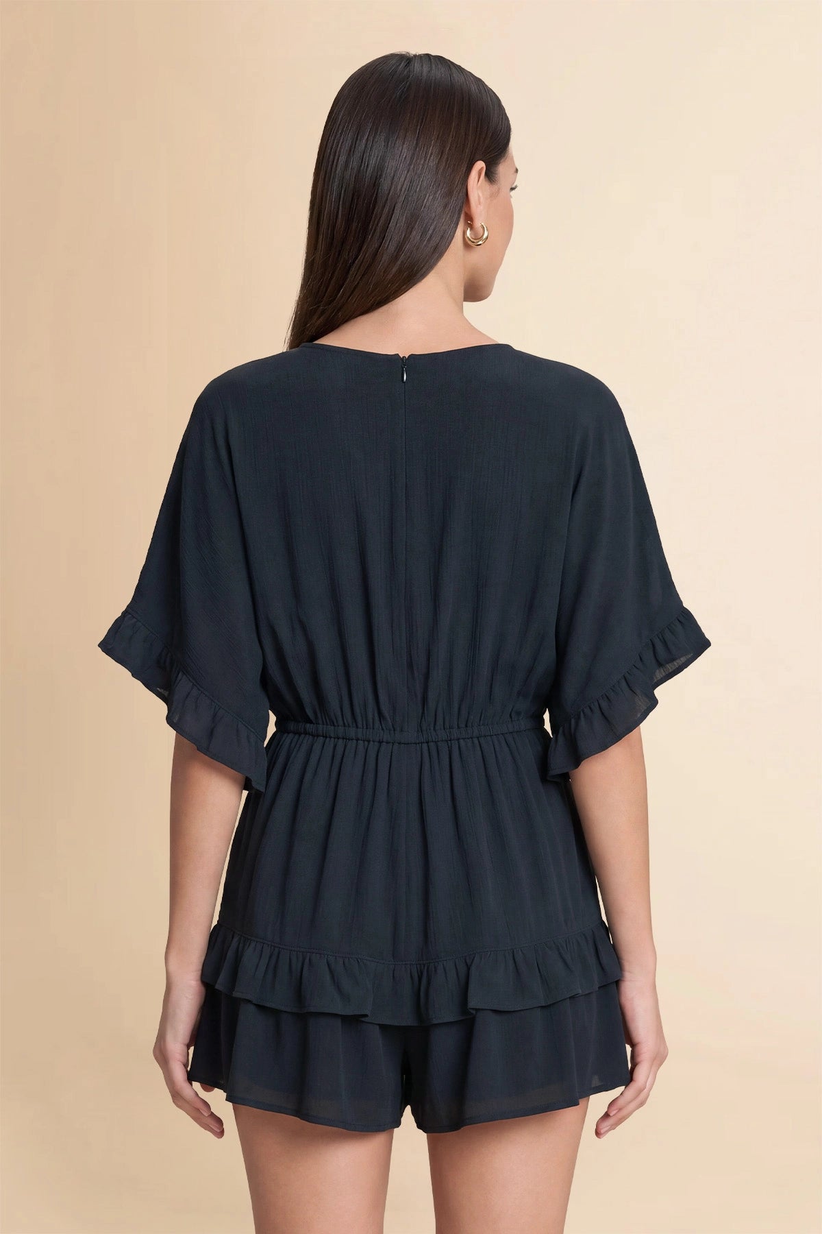 Womens Black V-Neck Ruffle Rompers| CicyBell