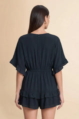Womens Black V-Neck Ruffle Rompers| CicyBell