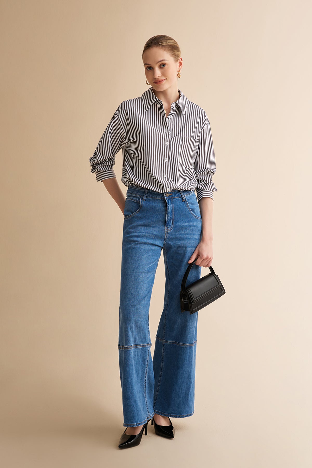 Womens Black Striped Button Down Shirt | CicyBell