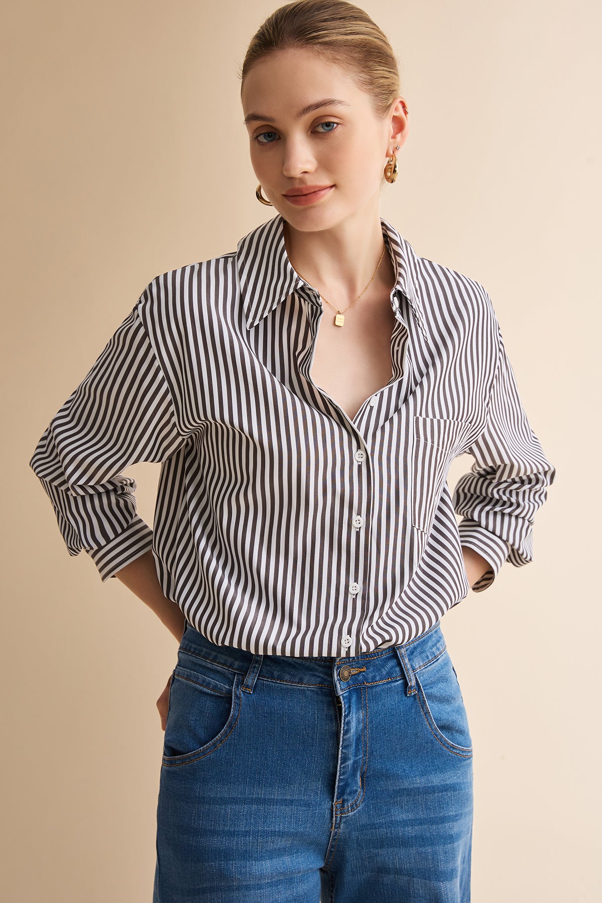 Womens Black Striped Button Down Shirt | CicyBell