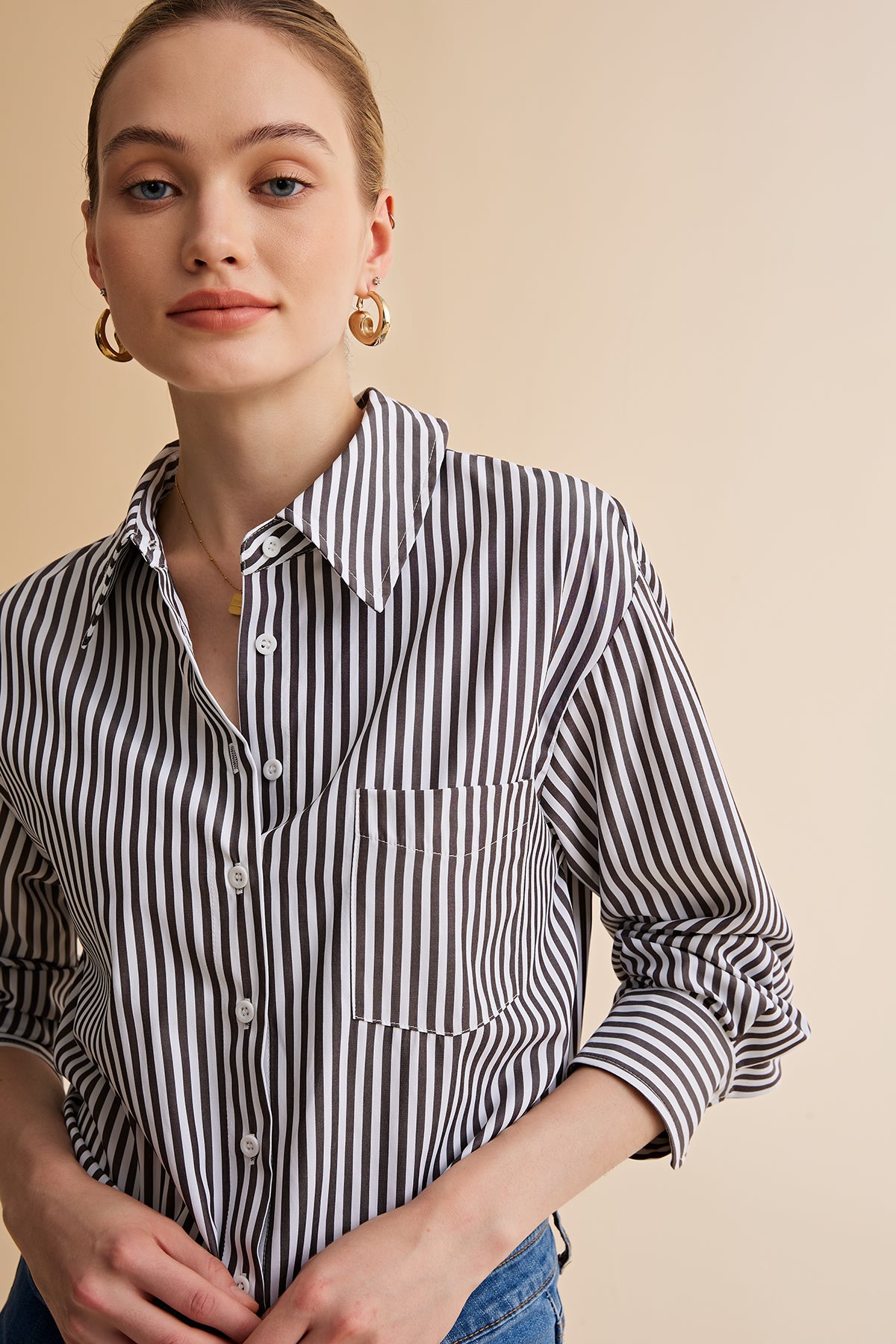 Womens Black Striped Button Down Shirt | CicyBell
