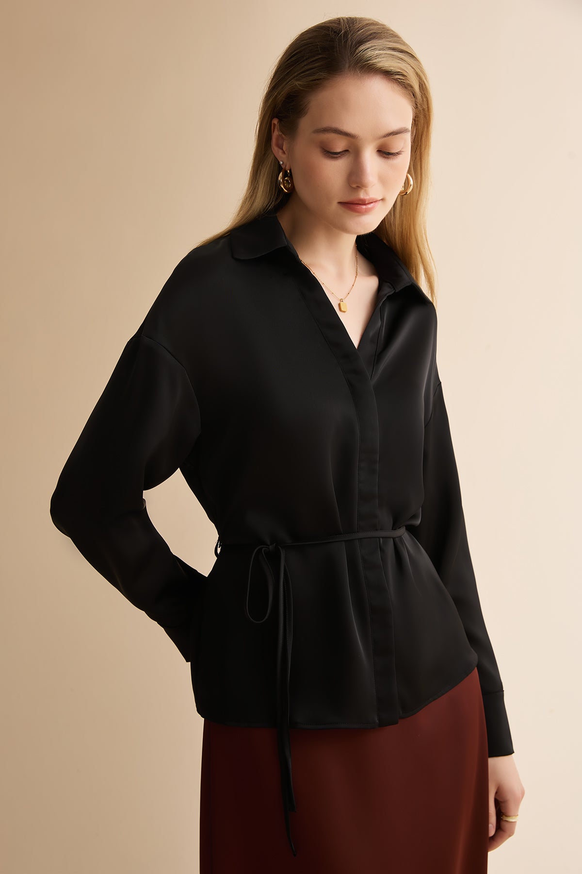 Womens Black Satin Button Down Shirts | CicyBell