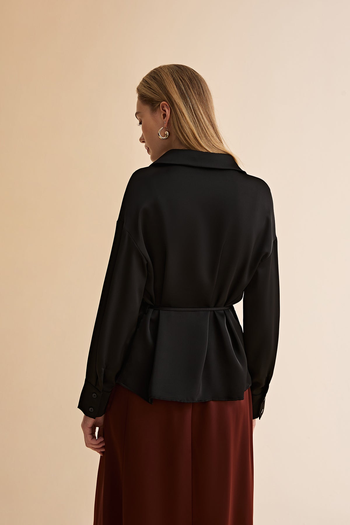 Womens Black Satin Button Down Shirts | CicyBell