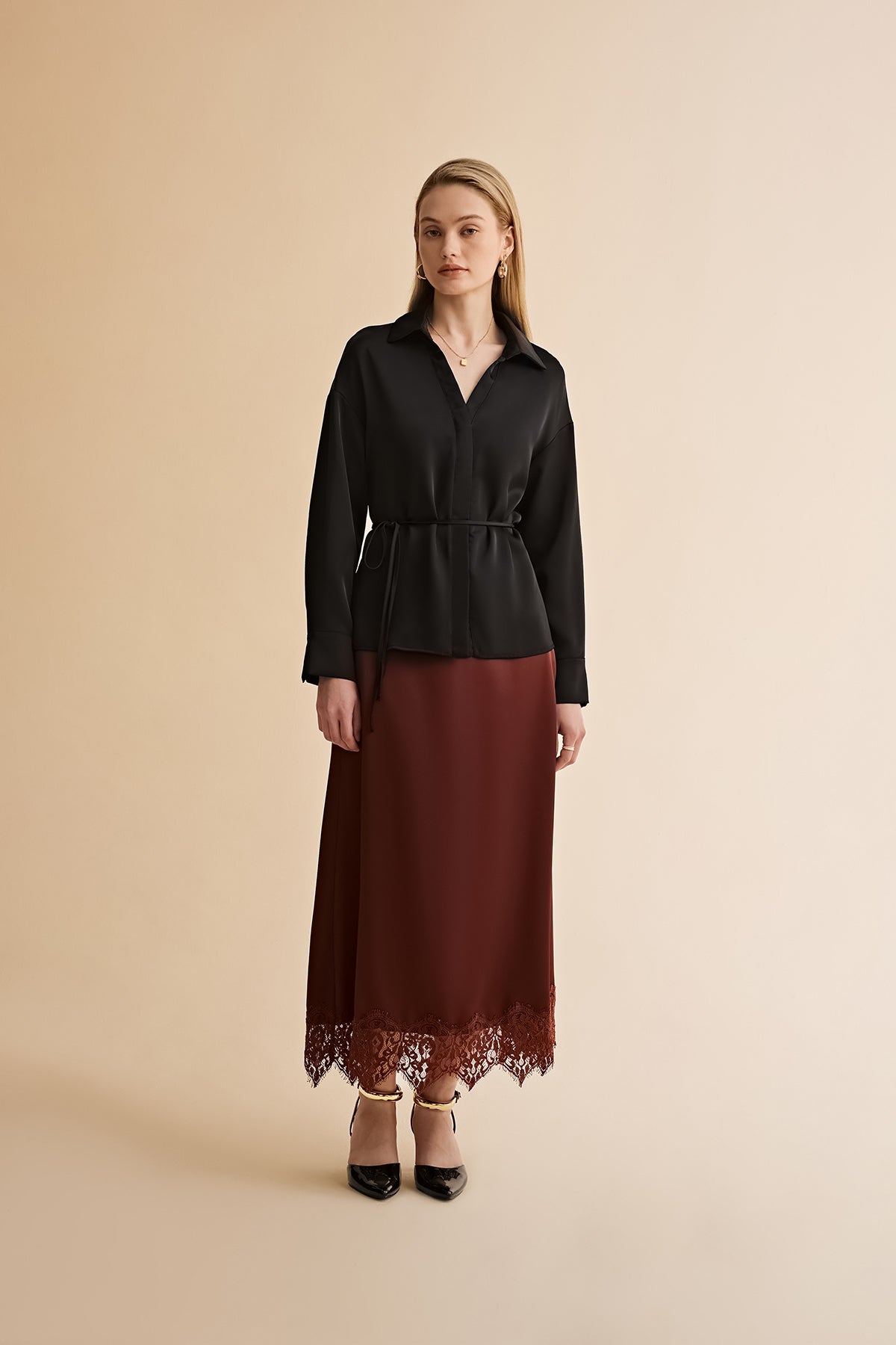 Womens Black Satin Button Down Shirts | CicyBell