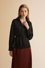 Womens Black Satin Button Down Shirts | CicyBell