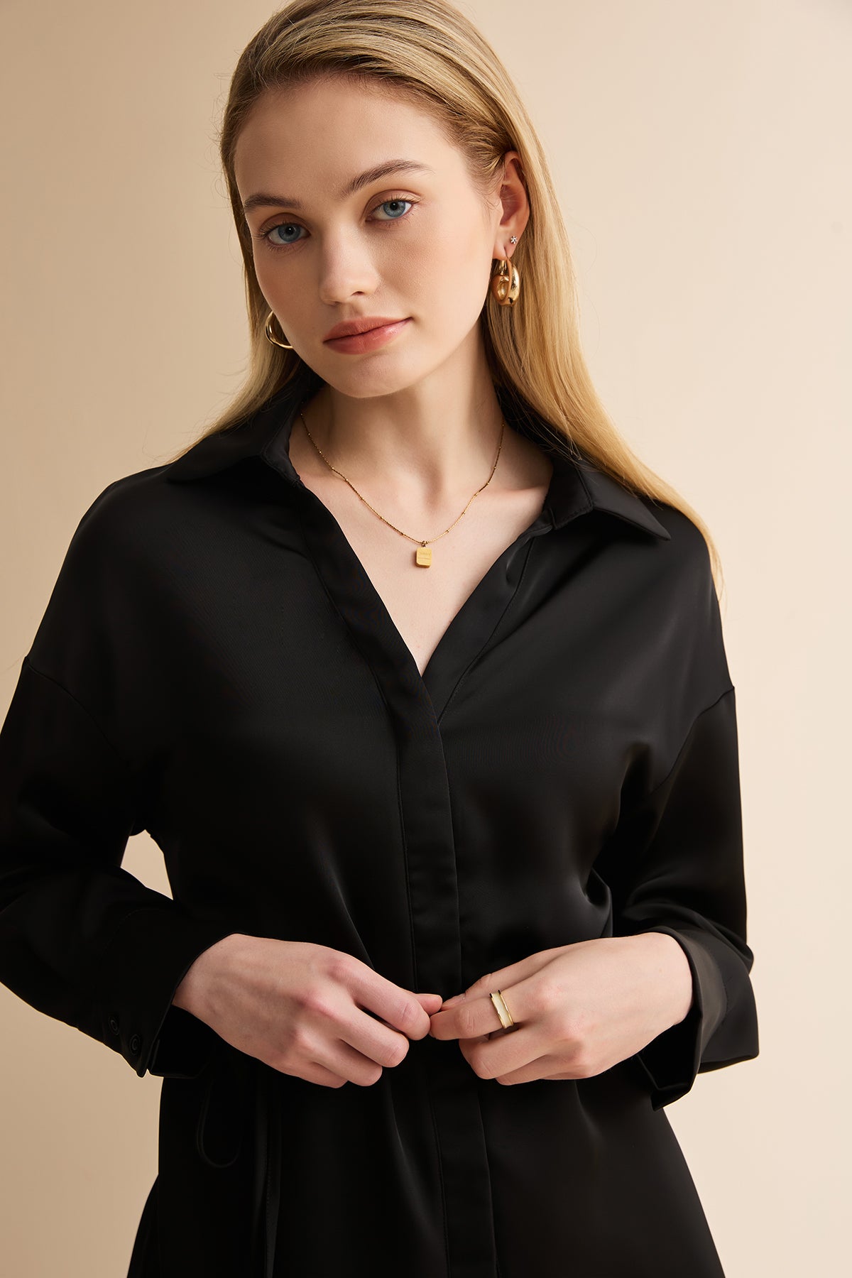 Womens Black Satin Button Down Shirts | CicyBell