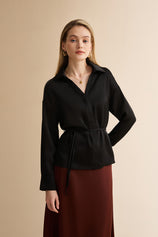 Womens Black Satin Button Down Shirts | CicyBell