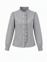 Womens Black Ruffle Striped Button Down Shirts | CicyBell