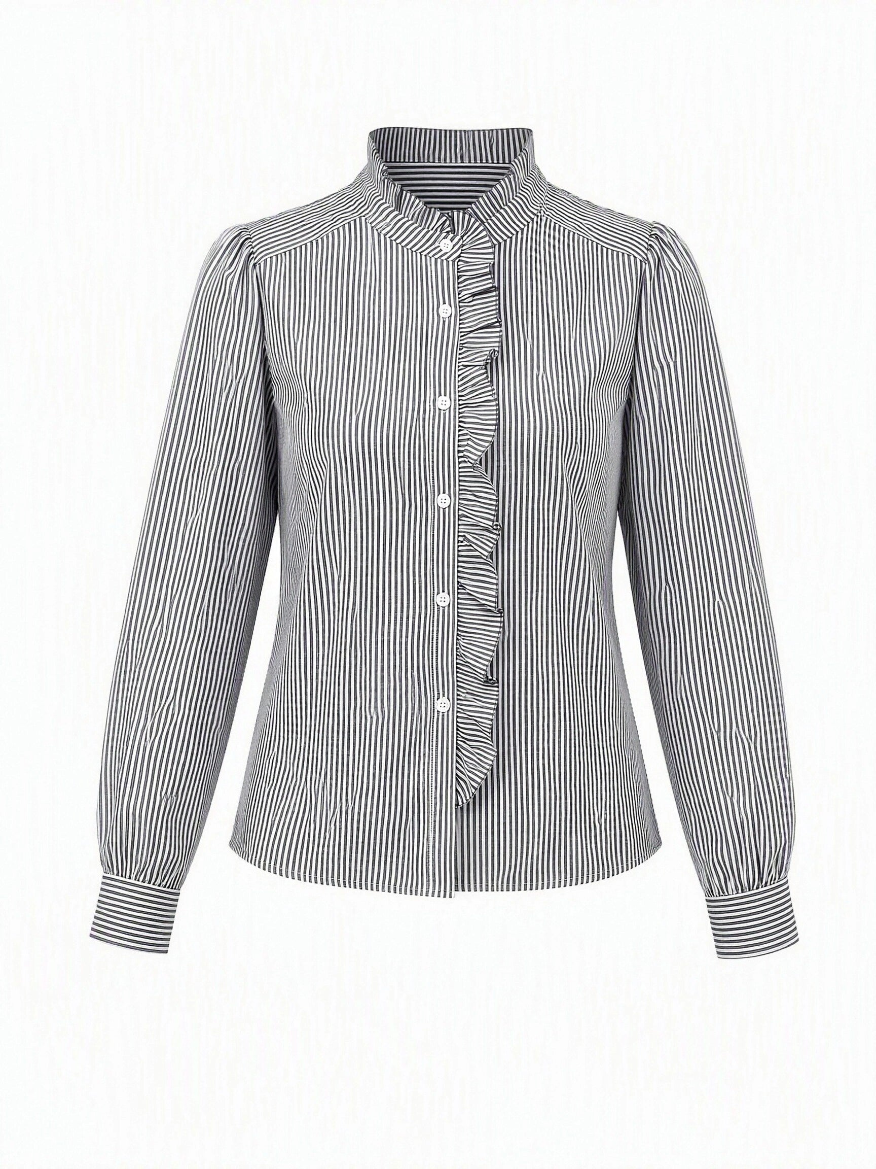 Womens Black Ruffle Striped Button Down Shirts | CicyBell