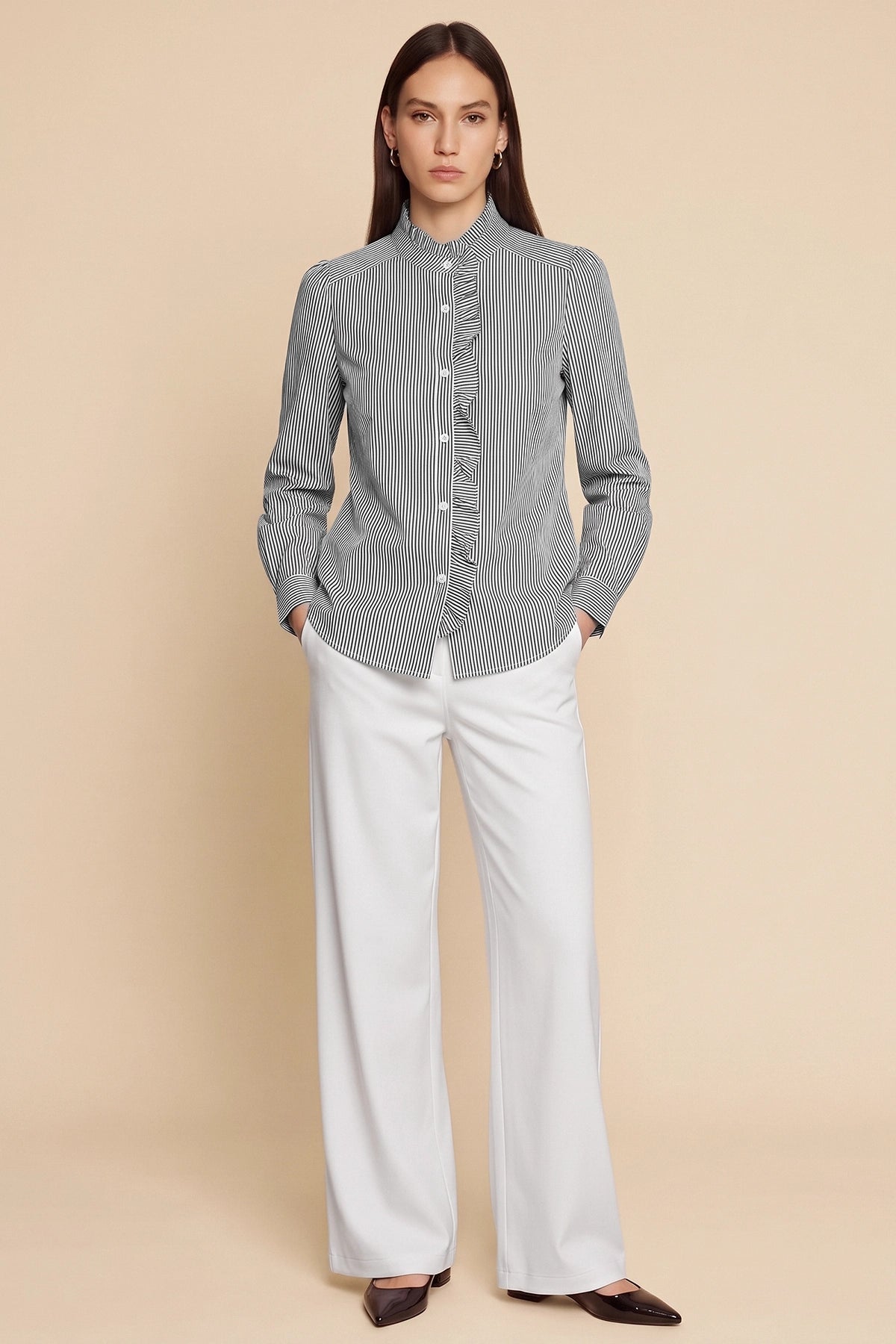 Womens Black Ruffle Striped Button Down Shirts | CicyBell