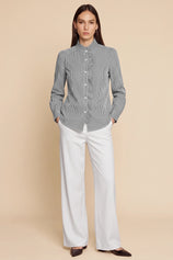 Womens Black Ruffle Striped Button Down Shirts | CicyBell