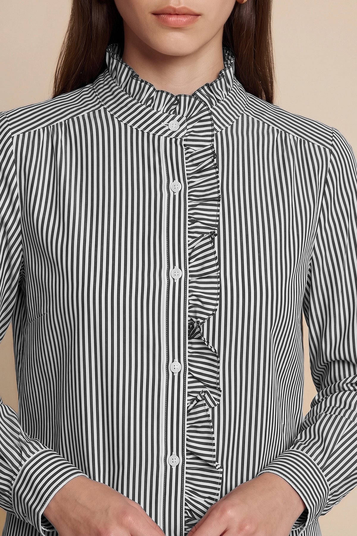 Womens Black Ruffle Striped Button Down Shirts | CicyBell
