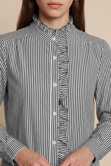 Womens Black Ruffle Striped Button Down Shirts | CicyBell