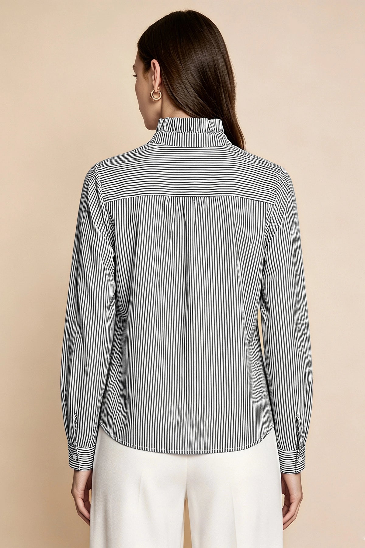 Womens Black Ruffle Striped Button Down Shirts | CicyBell