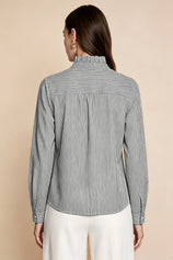 Womens Black Ruffle Striped Button Down Shirts | CicyBell