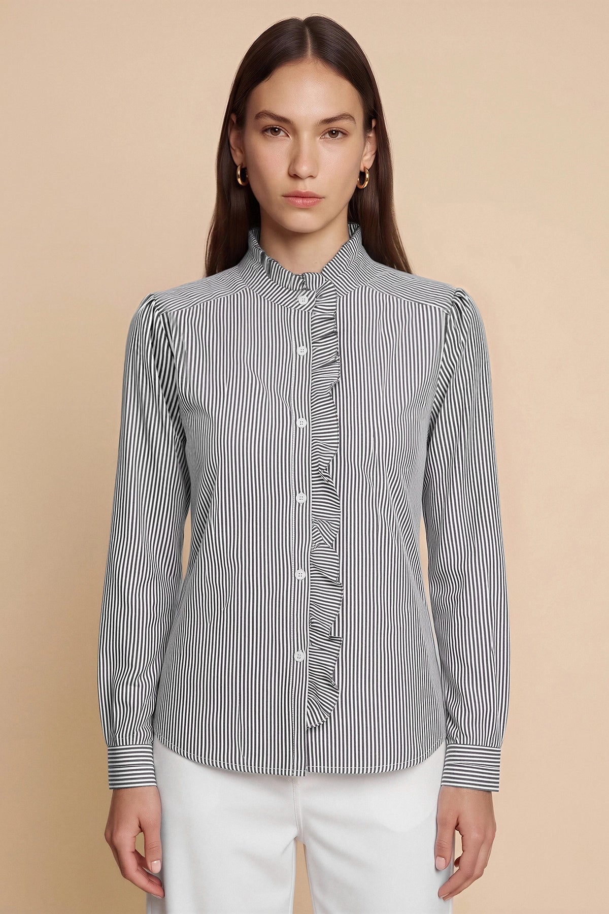 Womens Black Ruffle Striped Button Down Shirts | CicyBell