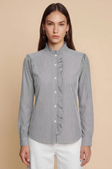 Womens Black Ruffle Striped Button Down Shirts | CicyBell