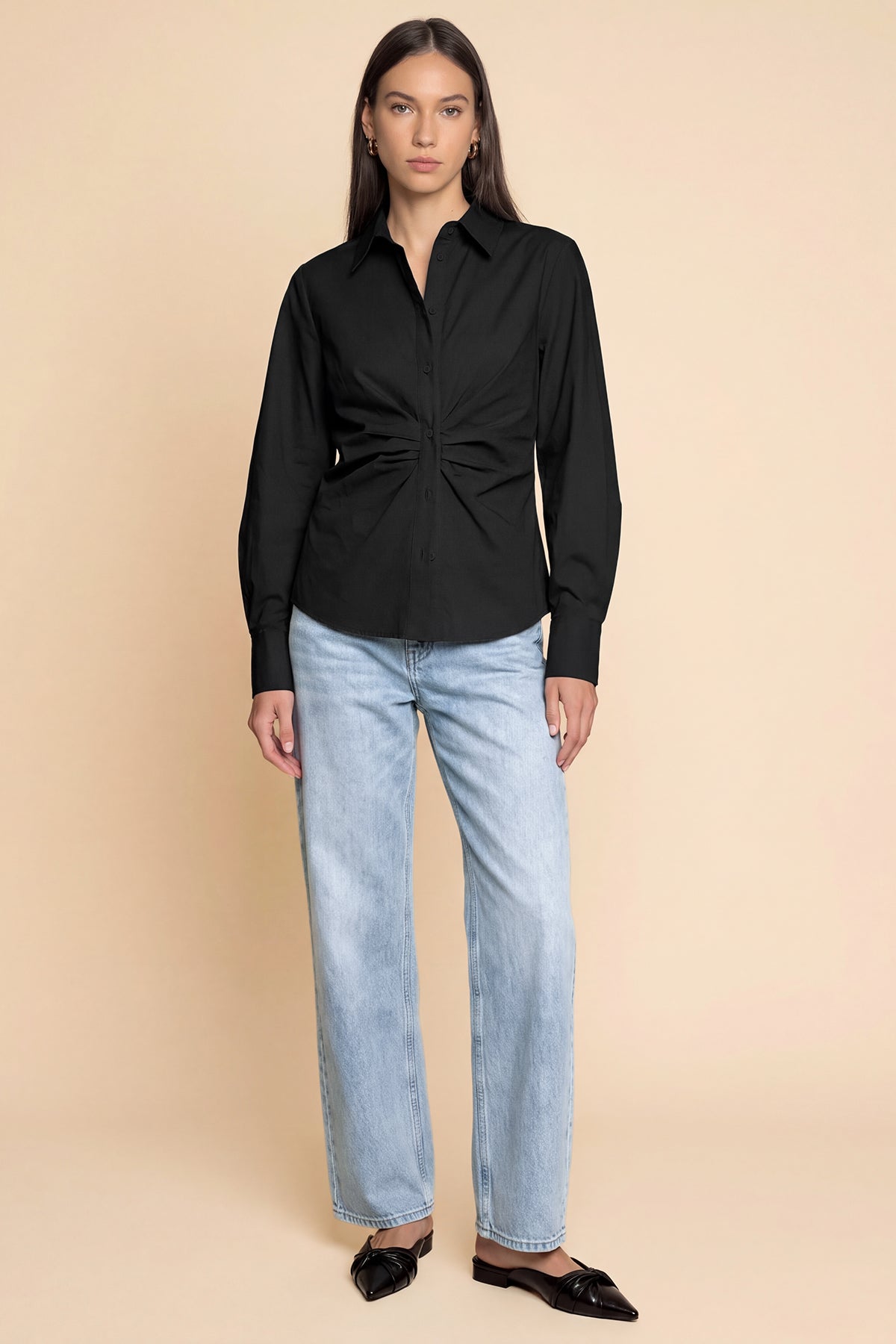 Womens Black Ruched Button Down Shirts | CicyBell
