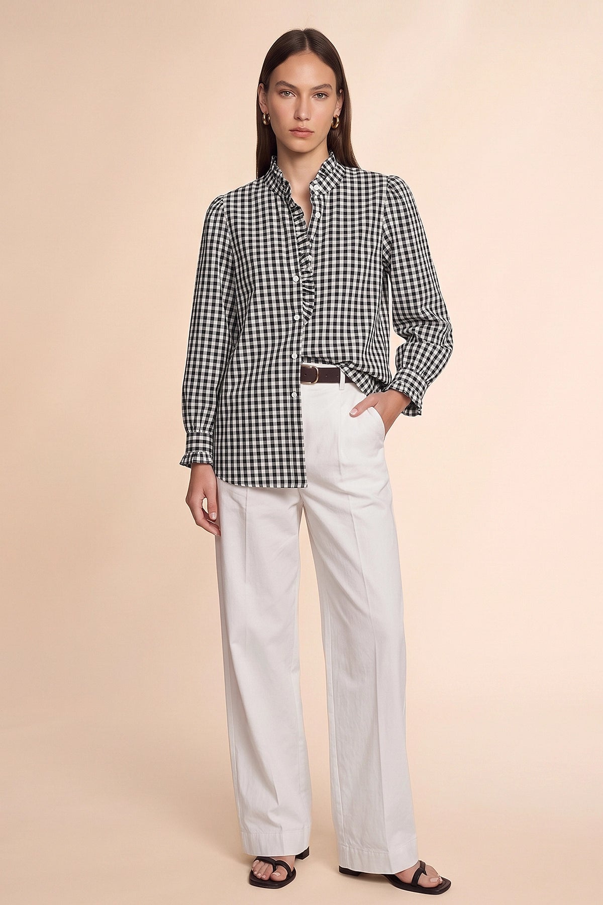 Womens Black Plaid Ruffle V-Neck Shirts | CicyBell