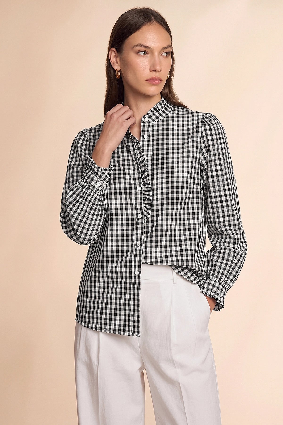 Womens Black Plaid Ruffle V-Neck Shirts | CicyBell