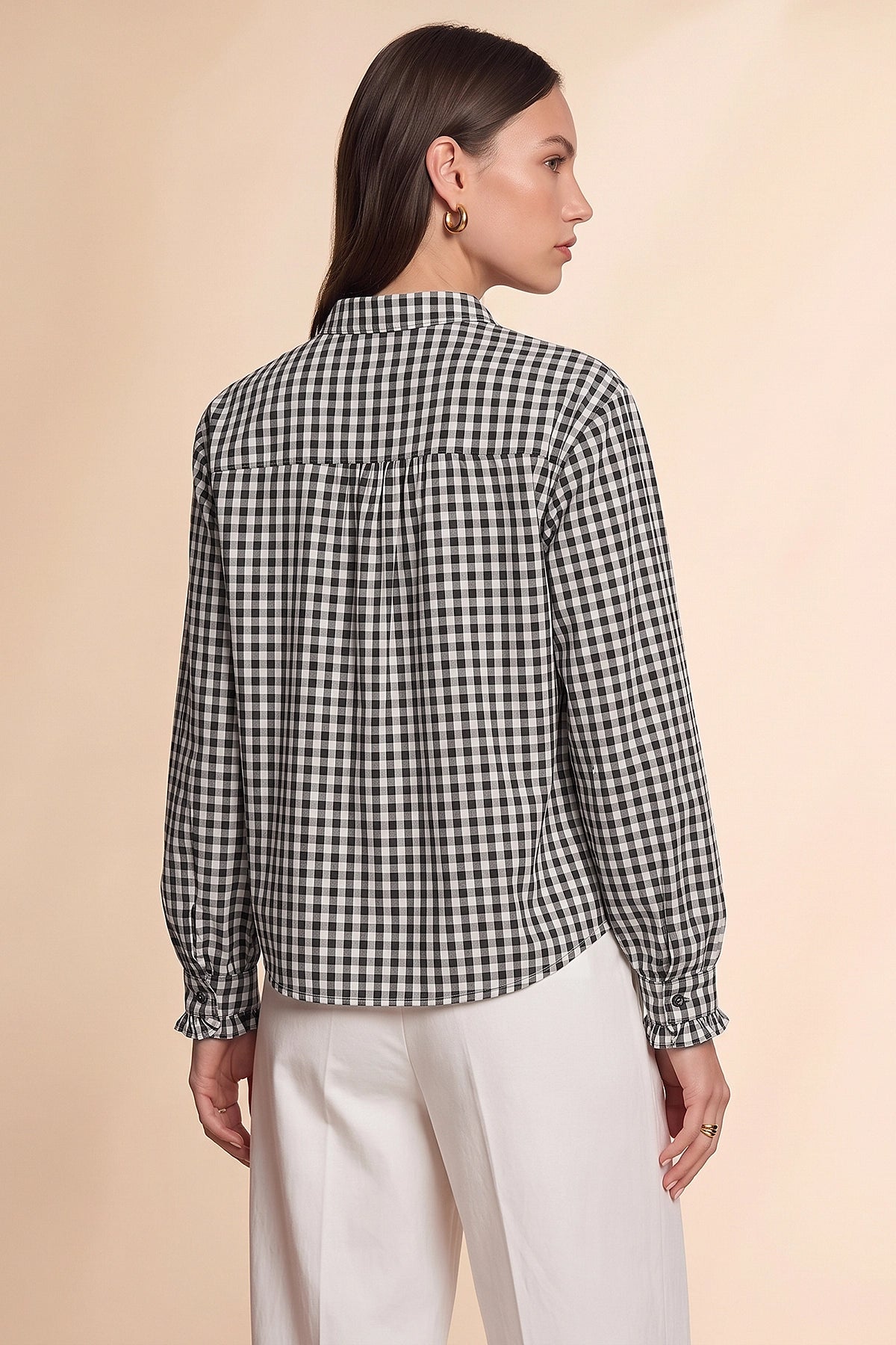 Womens Black Plaid Ruffle V-Neck Shirts | CicyBell