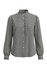 Womens Black Plaid Ruffle V-Neck Shirts | CicyBell