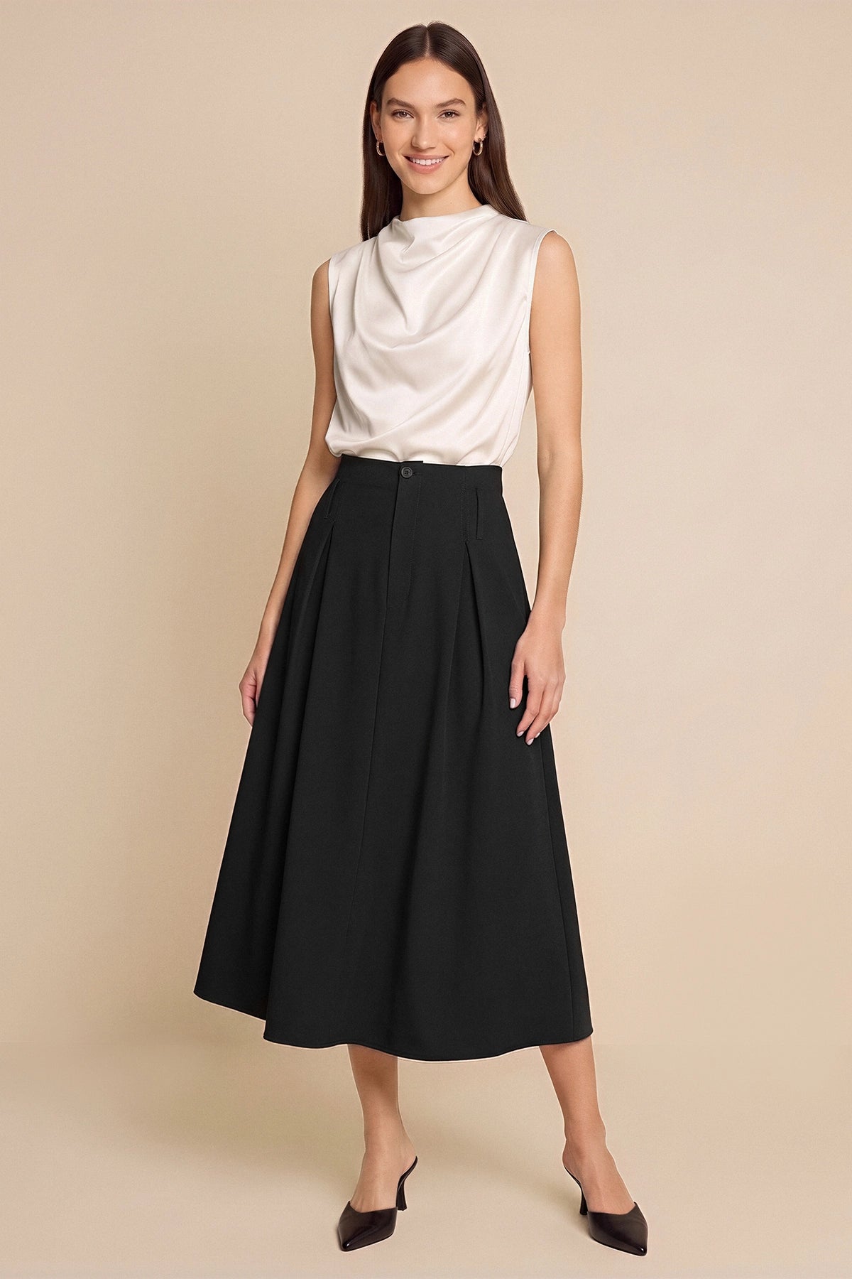 Women Black Pleated Midi Skirt | CicyBell