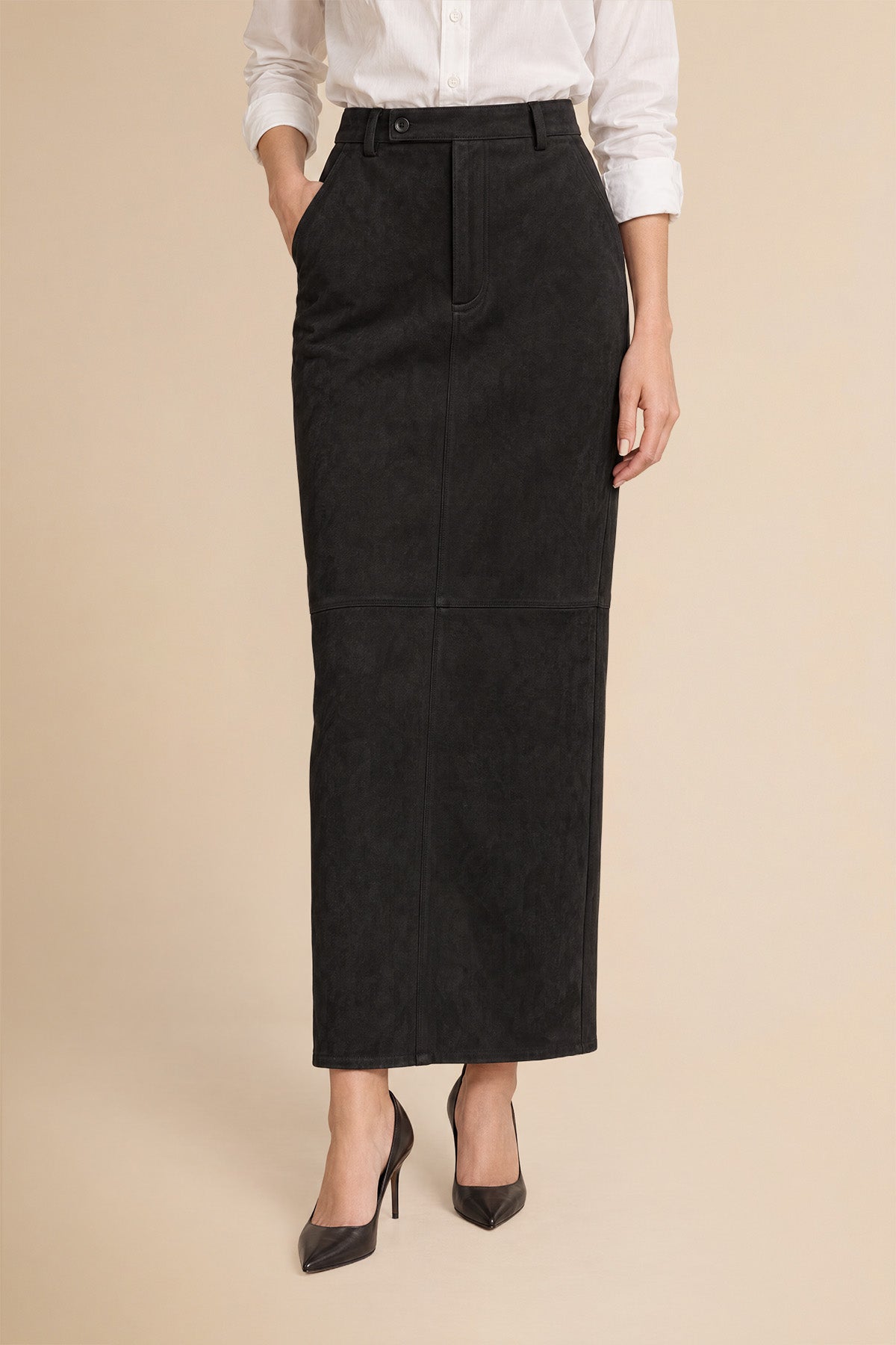 Womens Black Suede Maxi Skirt | CicyBell