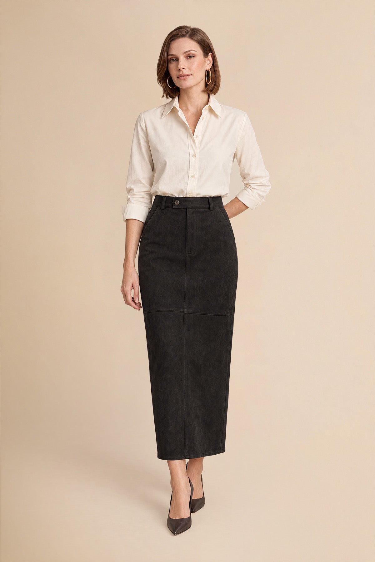Womens Black Suede Maxi Skirt | CicyBell