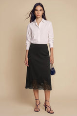 Womens Black Silk Satin Midi Skirts | CicyBell