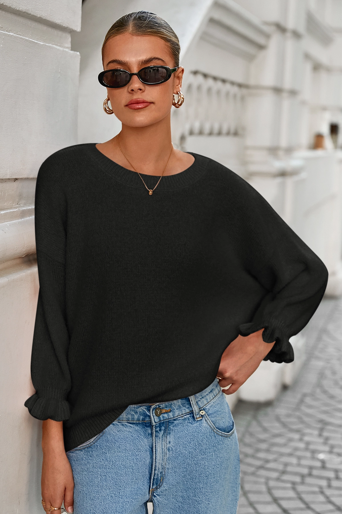 Cicy Bell Womens Black Ruffle Sweater