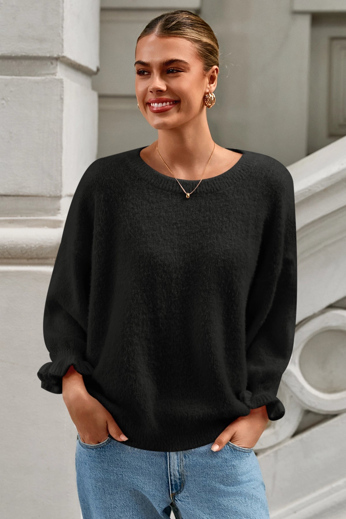 Cicy Bell Womens Black Ruffle Sweater