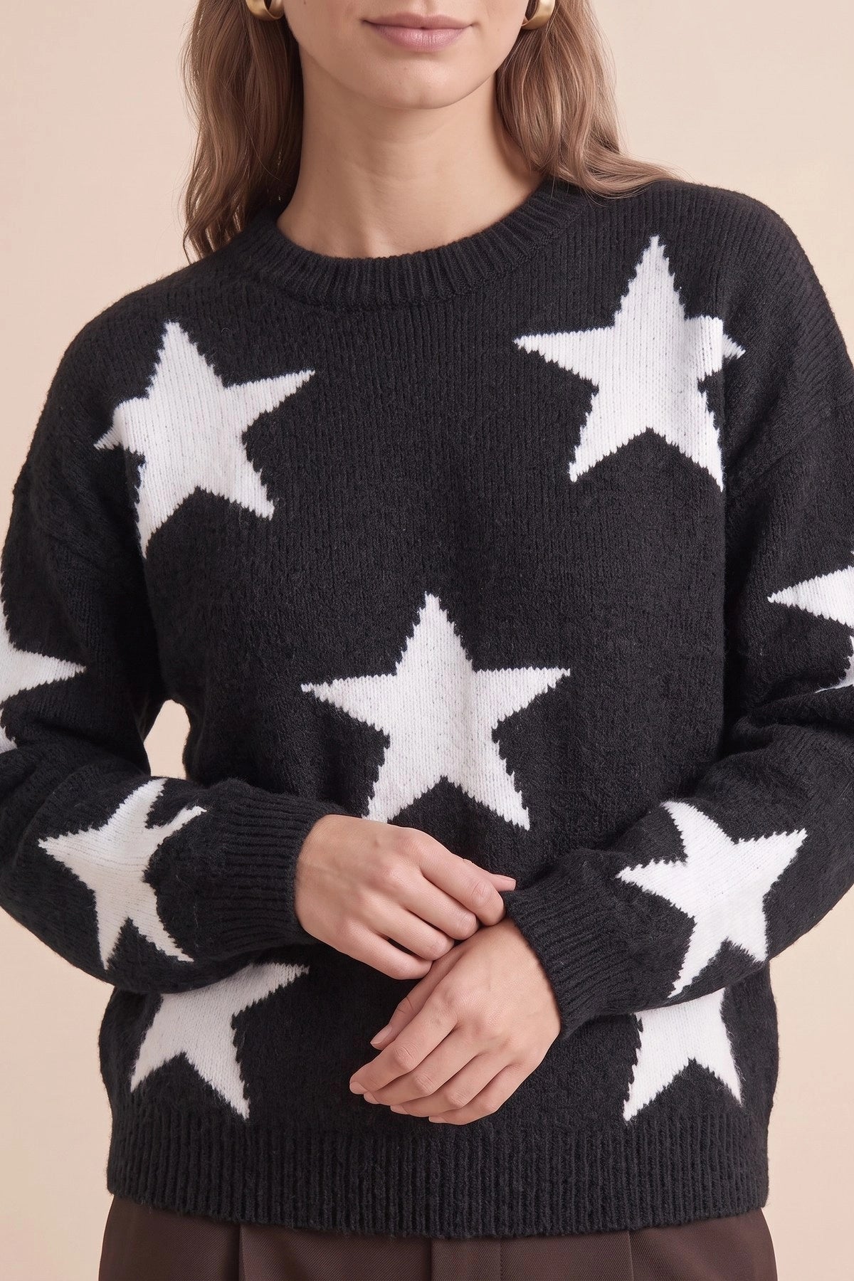 Womens Black Star Pattern Pullover Sweater | CicyBell