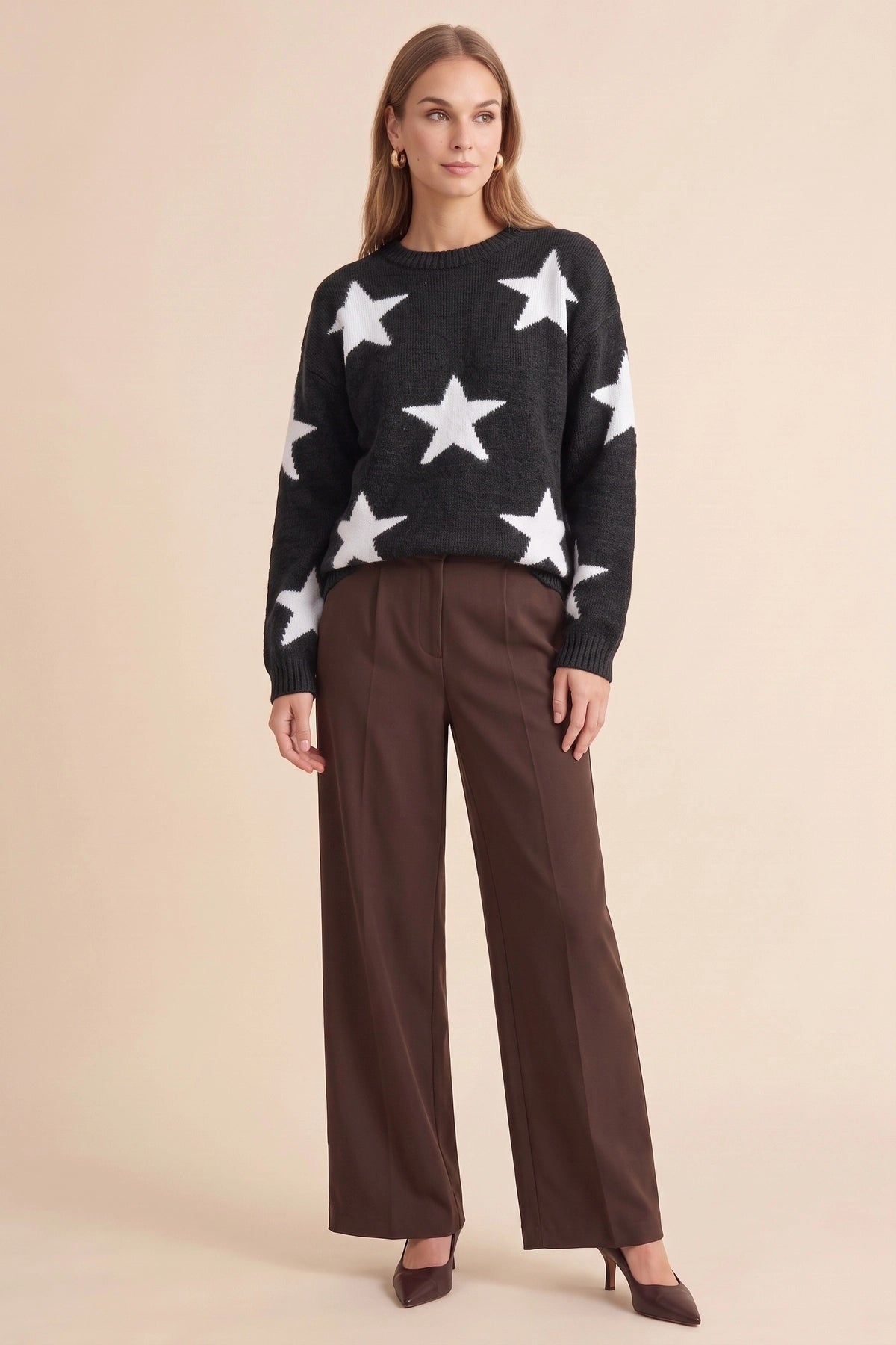 Womens Black Star Pattern Pullover Sweater | CicyBell