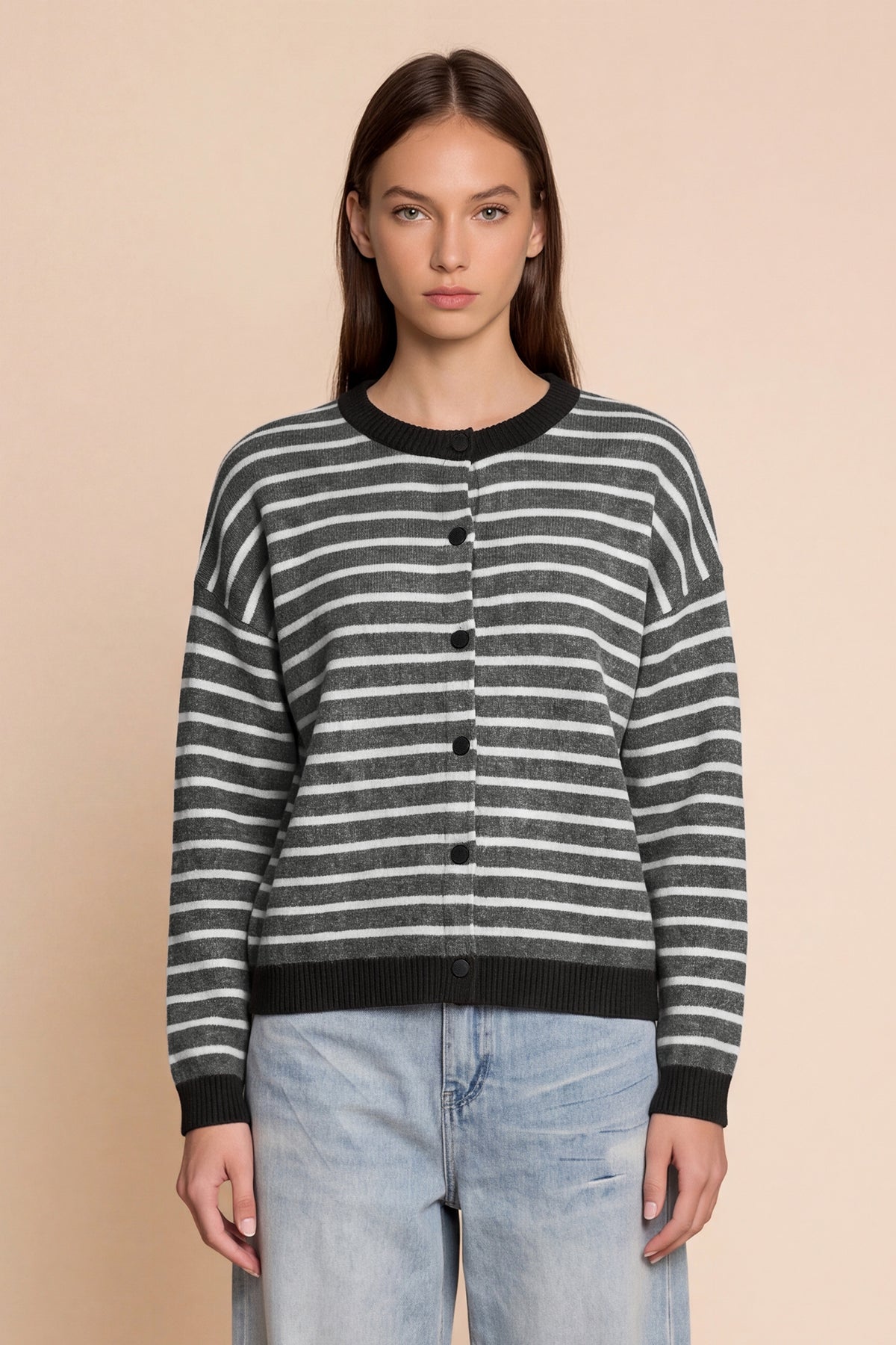 Women Black Striped Button Down Sweater | CicyBell