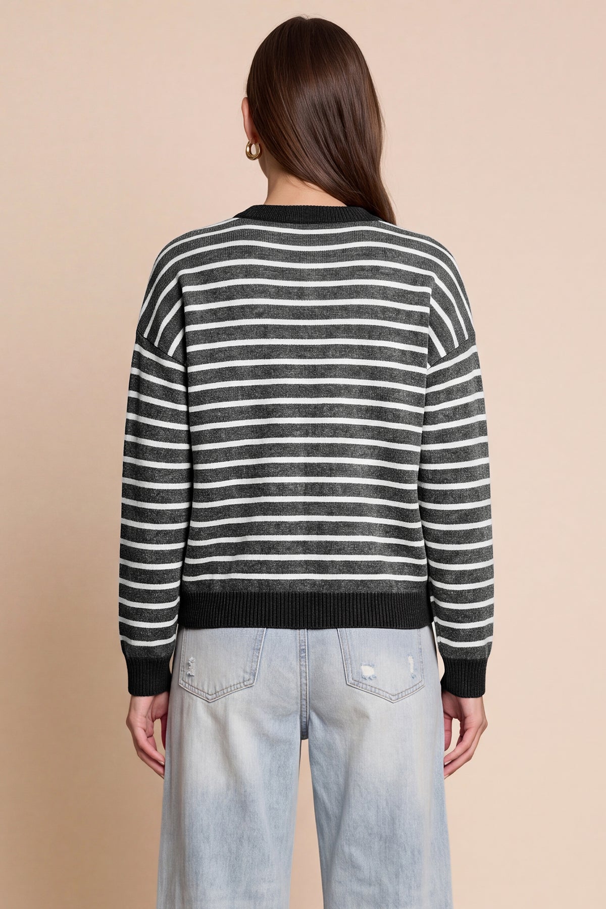 Women Black Striped Button Down Sweater | CicyBell
