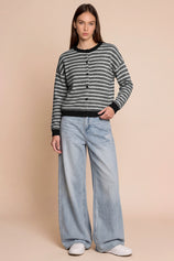 Women Black Striped Button Down Sweater | CicyBell