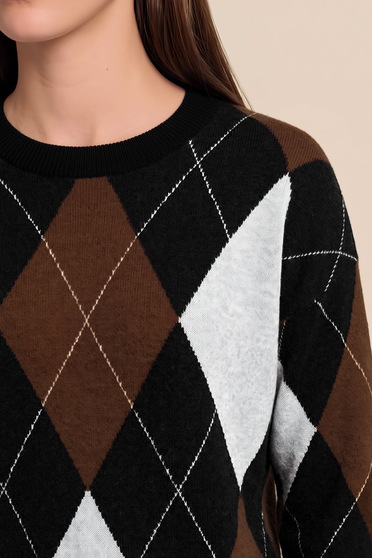 Womens Black  Crew Neck Argyle Sweater | CicyBell
