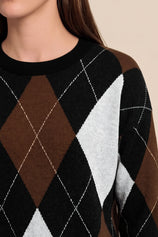 Womens Black  Crew Neck Argyle Sweater | CicyBell
